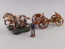 Gespann WK1 2 Pferde Masse Figuren Protze Kanone Pickelhaube Blech Spielzeug alt